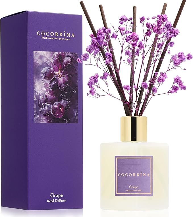 Reed Diffuser - Grape 6.7 fl oz Reed Diffuser with Sticks, Home Bedrrom Bathroom Shelf Decor