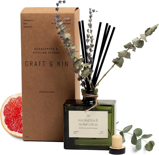 Craft & Kin Reed Diffuser with Dried Flowers | 5 oz Sicilian Citrus & Eucalyptus Scented Fall Reed Diffusers for Home, Bathroom | Scent Sticks | Elegant Fragrance Home Decor for Men & Women