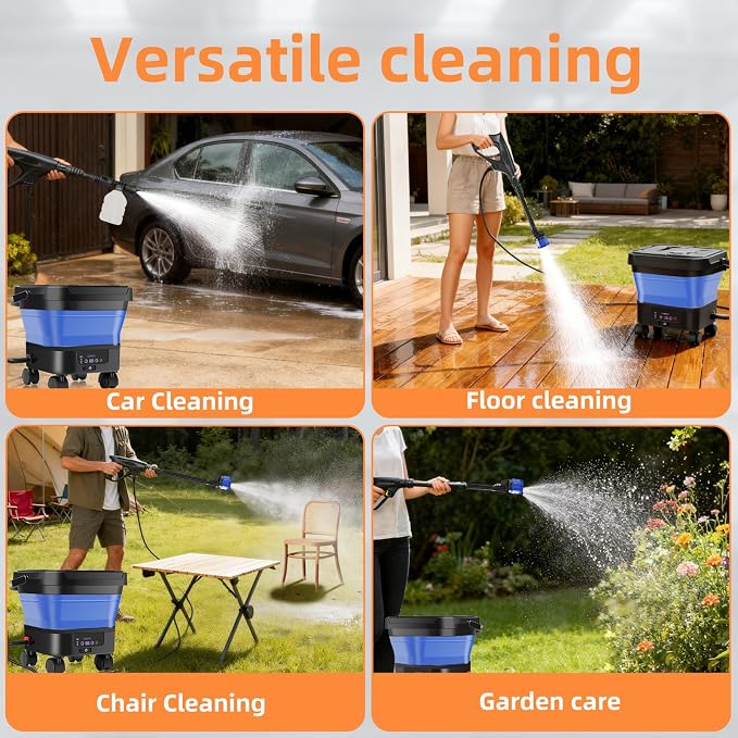 Portable Pressure Washer Rechargeable with 13L Water Tank, Foldable Power Washer Cordless, 7 Adjustable Pressure Levels, Water Sprayer with 23FT Hose for Camping, Bike, Pet, Garden, Car Wash