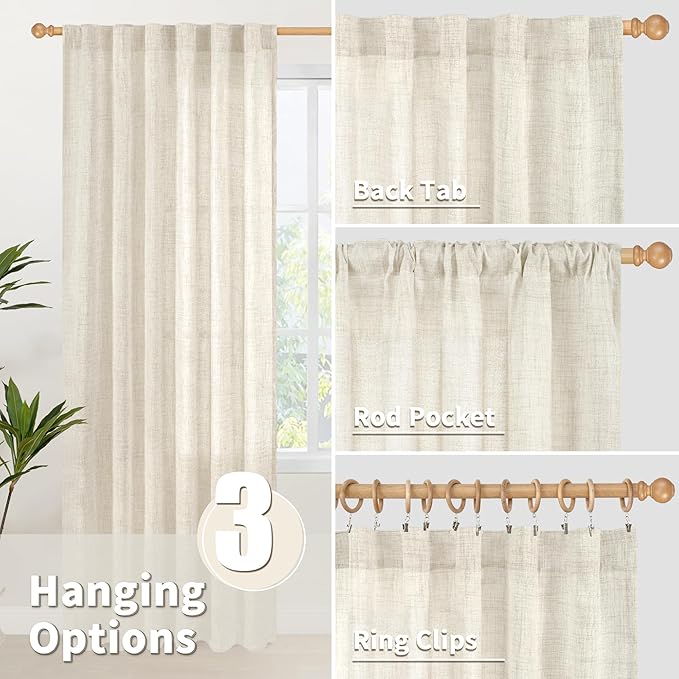 YoungsTex Boho Linen Curtains 36 Inch Length for Kitchen Cafe Window, Semi Sheer Half Window Drapes with Rod Pocket Back Tab Light Filtering Short Curtain for Bathroom, 2 Panels, 30 X 36 Inch