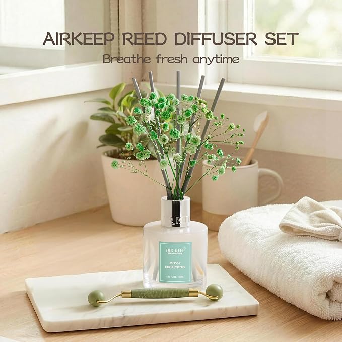 Reed Diffuser Set,3.38 fl oz (100 ml) - Moss Eucalyptus Oil Diffusers with 8 Reed Sticks, Home Fragrance Reed Diffuser for Bathroom Shelf Decor