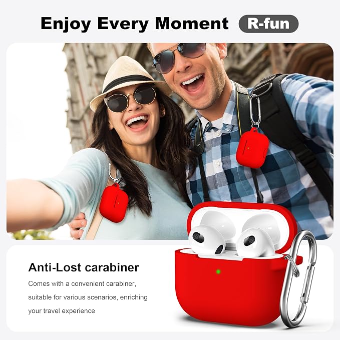R-fun Compatible with AirPods 3 Case Cover, Silicone Protective Accessories Skin with Keychain Compatible with Apple AirPod 3rd Generation 2021 for Women Men Girls Boys,Front LED Visible,Red