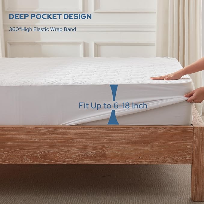 BEDLORE Waterproof Mattress Protector, California King Size Noiseless Mattress Pad with Deep Pocket 6"-18" Depth, Soft Breathable Bed Mattress Cover Washable for Home, Bedroom, Hotel (White)