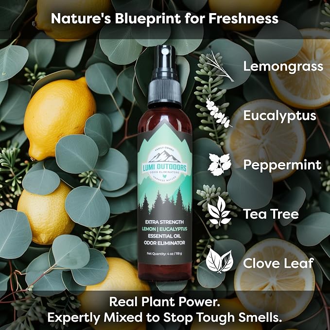 Lumi Outdoors Natural Shoe Deodorizer Spray - Odor Eliminator | Destroys Stubborn Shoe Smells at the Source - 700+ Sprays - Sneakers, Work Boots, Cleats & Gym Bags - Lemon Eucalyptus Scent