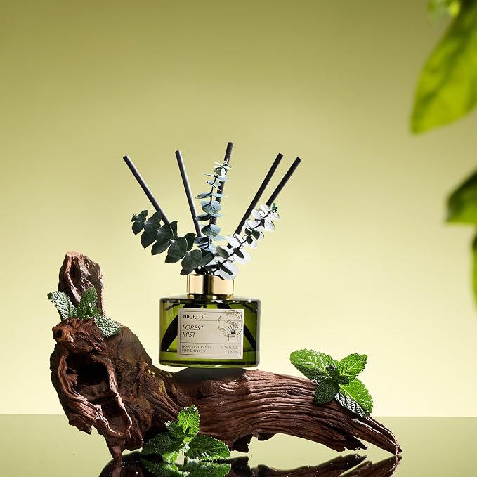 Reed Diffuser Set with 6.76 fl oz Forest Mist Scent Essential Oils and 3 Leaves & 8 Diffuser Sticks,Bathroom Shelf Decor & Air Freshener, House Bedroom Office Decor & Gifts