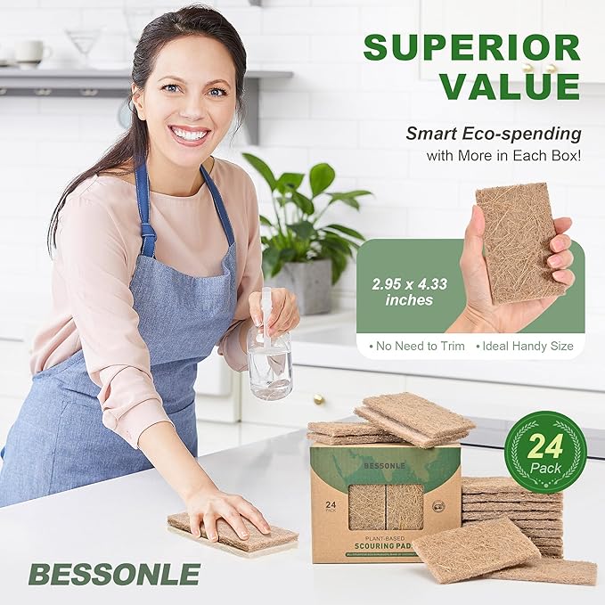 24 Pack Natural Scrub Kitchen Sponges - Coconut Husk Non Abrasive Scouring Pads - Multipurpose Scrubbing for Dishes - Heavy Duty Dishes, Pan and Pot Scrubbers for Kitchen Non Scratch