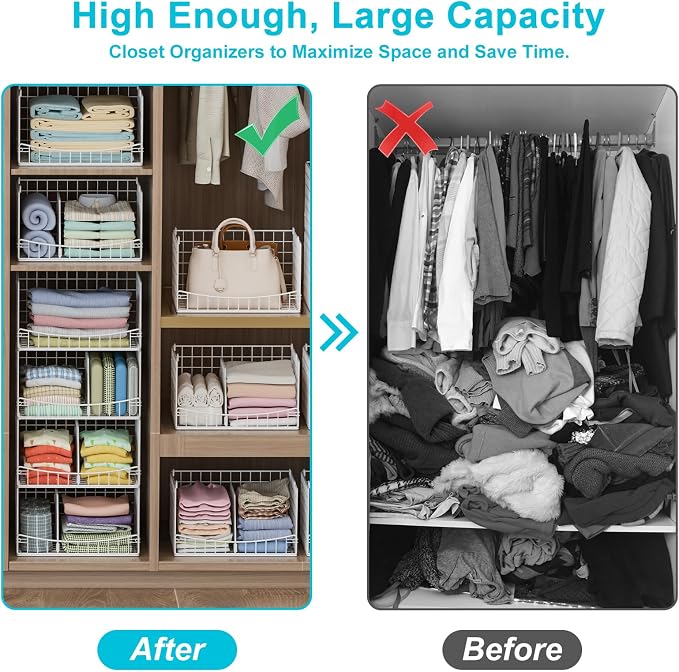 Hongtamoya 4-Tier Closet Organizers and Storage Basket with Divider, Foldable Closet Shelf Organizer System, Space-Saving Clothes Storage Drawer Organizer Bins for Wardrobe Cupboard, White
