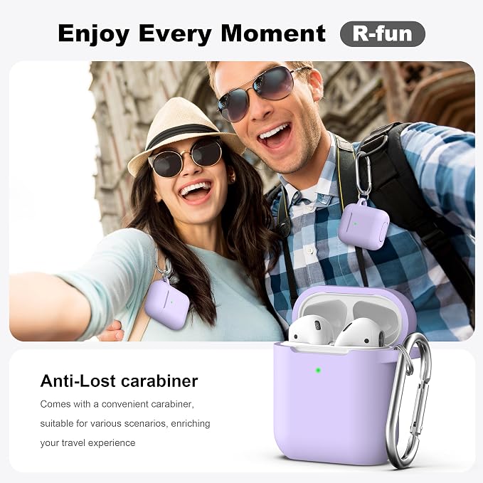 R-fun for AirPods 1/2 Case, Soft Silicone Protective Cover with Keychain and Cleaning Pen, Compatible with AirPods 2nd/1st Generation (2016/2019), Full Drop Protection Cover, Banana Violet