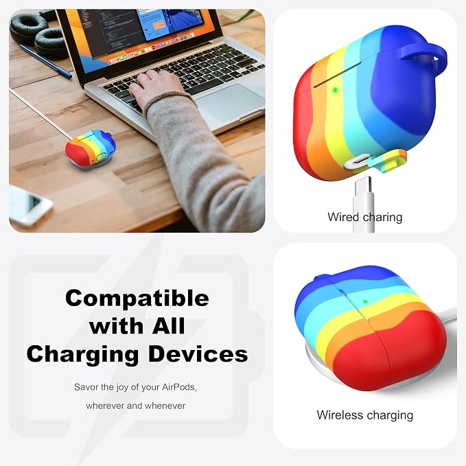 R-fun for AirPods Pro 2 Case, Soft Silicone Protective Cover with Keychain and Cleaning Pen, Compatible with AirPods Pro 2nd/1st Generation, Supports Wireless Charging, Rainbow