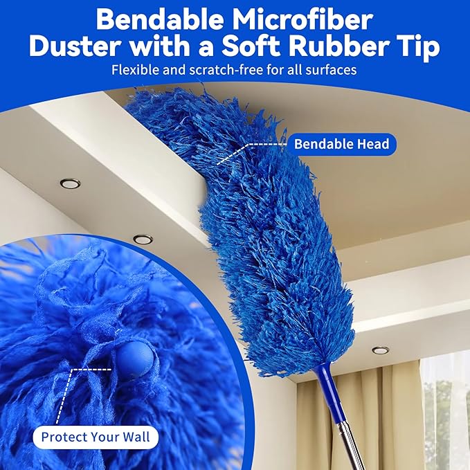 6-in-1 Duster with Extension Pole, 100" Long Reach Cleaning Kit for Home | Cobweb Duster and Microfiber Feather Gap Cleaner, Ideal for High Ceiling Fans, Blinds, Cars, Furniture and High Reach Set