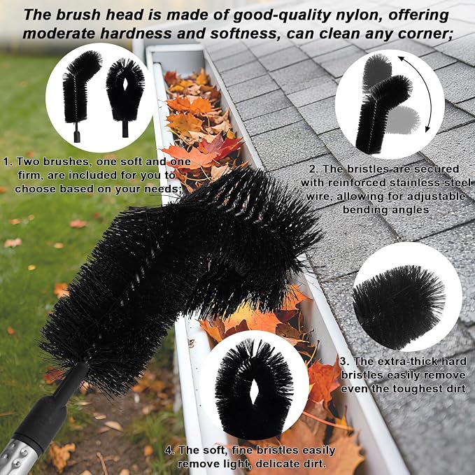 14ft/431cm Gutter Cleaning Tool with 2 Brush Heads, Adjustable Length Ladder-Free Telescopic Gutter Cleaner Pole Brush from the Ground for Leaf Leaves Branches & Debris Cleaning