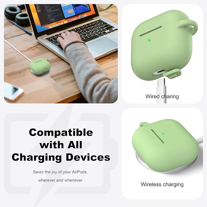 R-fun Compatible with AirPods 3 Case Cover, Silicone Protective Accessories Skin with Keychain Compatible with Apple AirPod 3rd Generation 2021 for Women Men Girls Boys,Front LED Visible,Avocado