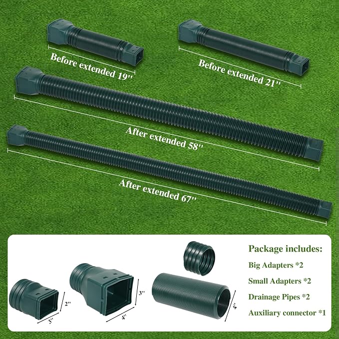 Gutterlix Flexible Gutter Downspout Extensions, Connectable Downspout Extender with 58"+ 67" Extendable Pipe, Thickened Down spout Drain Extension for Rainwater Drainage(2 Pack, Green)