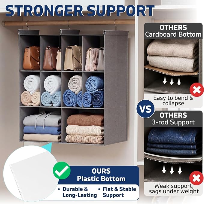 3 Tier Hanging Closet Organizer, 10 Compartments Dual Row Storage, Grey | Closet Organizers and Storage with Large & Small Pockets, 3 Sturdy Hooks Support Heavy Loads, for Dorm, RV, Garment Rack