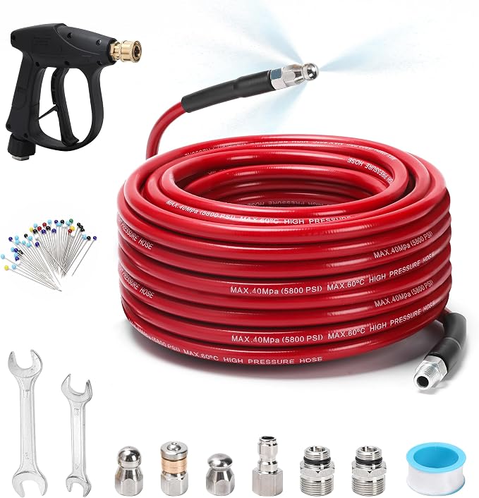 Sewer Jetter Kit for Pressure Washer 100 FT, Drain Cleaner Hose with Power Washer Gun, 1/4 Inch NPT Corner, Rotating and Button Nose Sewer Jetting Nozzle,Waterproof Tape, Pearl Corsage Pin, Spanner