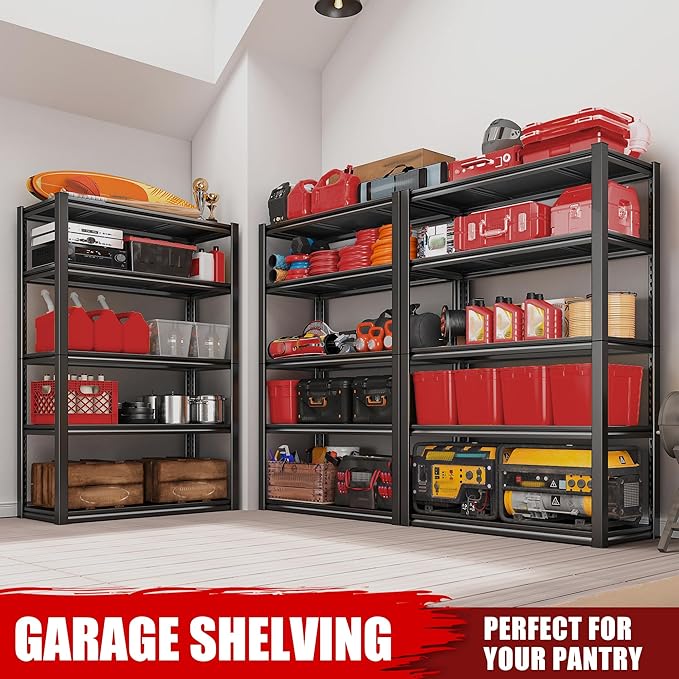 Raybee Storage Shelves 2000LBS Garage Shelving Heavy Duty, 5-Tier Adjustable Garage Shelves, Metal Shelving for Garage, Basement, Warehouse, Pantry, 72" H x 31.5" W x 16.5" D, 2PC, Black
