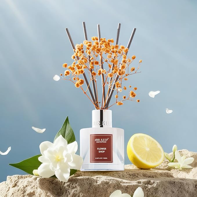 Reed Diffuser Set,3.38 fl oz (100 ml) - Flower Shop Oil Diffusers with 8 Reed Sticks, Home Fragrance Reed Diffuser for Bathroom Shelf Decor