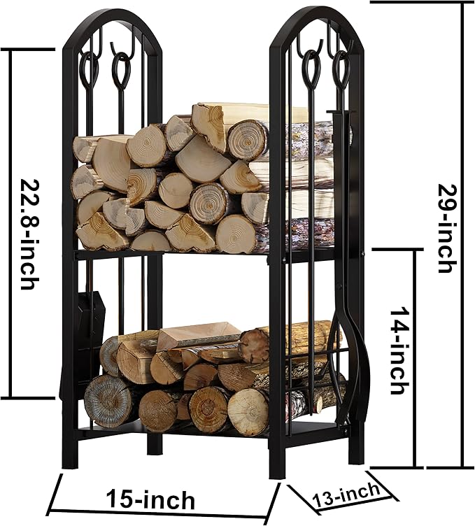 Fire Beauty Fireplace Firewood Log Rack 5-Piece Storage Logs Holder with Tools Set with 4 Tools Set Fireside Holders Wood Lumber Storage Stacking Black