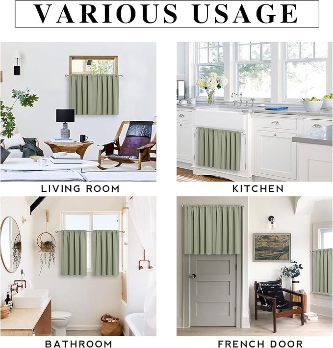 RYB HOME Small Curtains for Bathroom Windows, Blackout Blinds Shades for Bedroom Dorm Storage Cabinet Door Basement Farmhouse Decor, W 34 x L 36 inches, Sage Green, 2 Panels