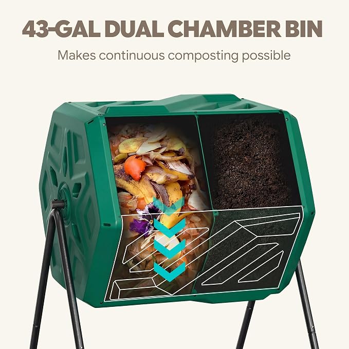 Werph 43 Gal Dual Chamber Compost Bin Tumbler for Backyard Garden, Green | Dual-chamber Design, 360° Rotating Tumbling, BPA-free Materials, Pre-assembled Parts, for Garden, Kitchen & Yard Waste