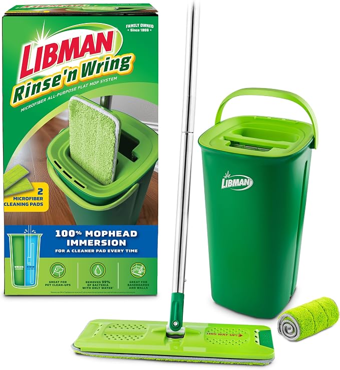 Libman Rinse 'n Wring Mop and Bucket System, Microfiber Dry Wet Mop for Floor Cleaning, Hardwood, Laminate, Tile Cleaner, Dual Chamber Bucket Design, 2 Total Refill Replacement Head Pads