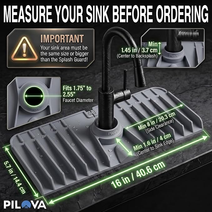 Premium Kitchen Sink Splash Guard – 16" x 5.7" Silicone Faucet Mat with Secure Pressure Clip, True 10° 3D Drainage(No Pooling), Anti-Lift Design, Flexible Leak-Sealing Ring, Non-Slip Fit Behind Faucet