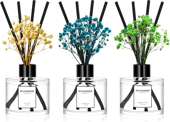 Reed Diffuser Set of 3 Pack,Fresh Clean Linen/Ocean Breeze/Eucalyptus & Mint Scented Oil Diffuser with Sticks(1.7 fl oz Each Pack),Air Freshener for Bedroom Bathroom Office | Shelf Decor