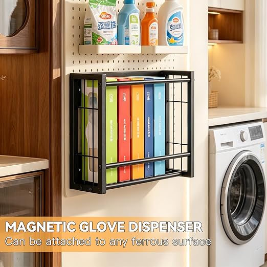 2 Pack Magnetic Glove Holder, Wall Mount Metal Dispenser Holds | Dual installation ways: magnetic adsorption & wall drilling mount; Sturdy metal construction, rust resistant
