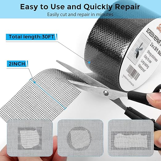 Black Window Screen Repair Tape, 2 in X 30 FT (360IN) Screen Repair Kit for Windows or Doors, Strong Adhesive Fiberglass Mesh Patch Tape