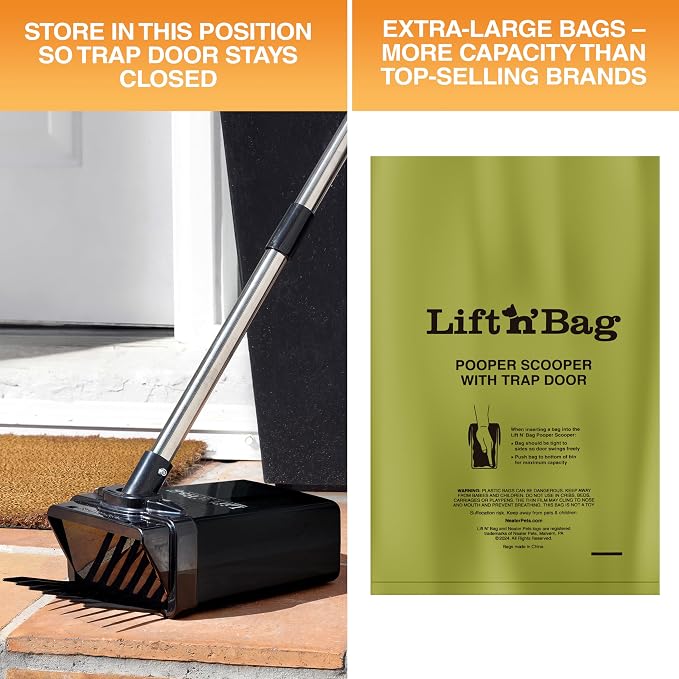 Neater Pet Brands Lift N’ Bag 2.0 Dog Pooper Scooper with Bag Attachment & 31" Pole for Small to Large Dogs, New Longer Pole, 15 Refill Bags, Heavy Duty Dog Poop Scooper for Yard, One-Hand Use