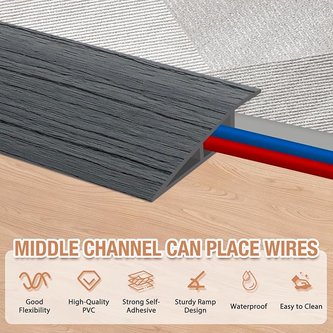 Floor Transition Strip Self Adhesive Vinyl Door Threshold for Doorways Carpet Edging Trim Overlap Edge Reducer for Laminate Floor, Carpet, Tile (Deep Gray Wood Grain, 3/5" to 4/5", 10Ft)
