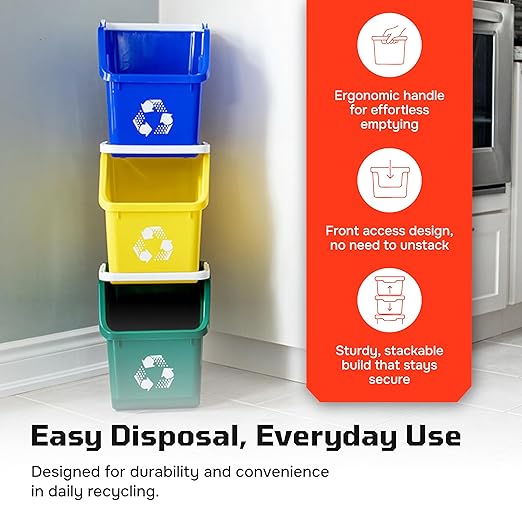 6 Gallon Stackable Recycling Bins for Homes, Garages, Offices Made of 100% Recycled Plastic - (Blue, 3 Pack)