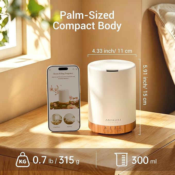 ASAKUKI Essential Oil Diffuser for Home 300 ml Quiet | Automatic Shut-Off, Aromatherapy Diffuser, 7 LED Lights for Living Room, Kitchen, Bedroom, Hotel - Light Brown