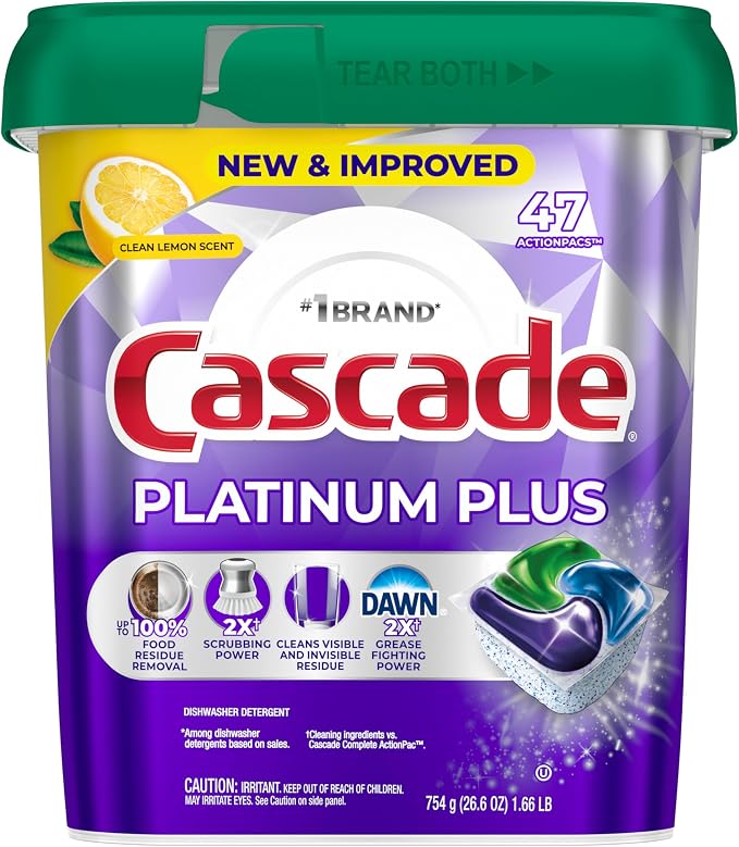Cascade Platinum Plus Dishwasher Pods, Dishwasher Detergent, Dish Detergent Soap, Lemon, 47 Count (Pack of 3)