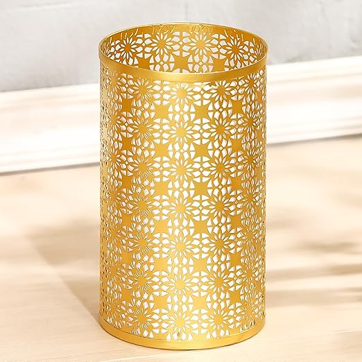 Small Gold Trash Can, Decorative Floral Waste Basket with Perforated Design, Elegant Gold Garbage Can for Bathroom, Bedroom, Office and Kitchen, 7" W X 7" L X 12" H