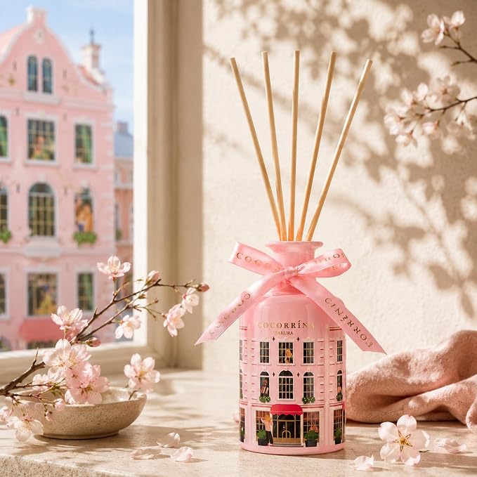 Reed Diffuser - Sakura 6.76 fl oz Reed Diffuser with 8 Sticks Home Fragrance Bathroom Shelf Decor (Festive House Collection)