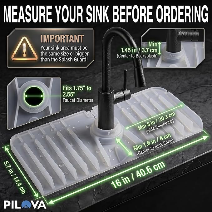 Premium Kitchen Sink Splash Guard – 16" x 5.7" Silicone Faucet Mat with Secure Pressure Clip, True 10° 3D Drainage(No Pooling), Anti-Lift Design, Flexible Leak-Sealing Ring, Non-Slip Fit Behind Faucet