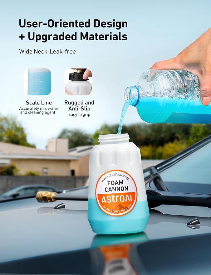 AstroAI Foam Cannon, Heavy Duty Car Foam Sprayer Attachments, Wide Neck Adjustable Snow Foam Lance and Thick Foam for Pressure Washer Car Wash, 1/4" Quick Connector, 1L Bottle & 5 Nozzle Tips