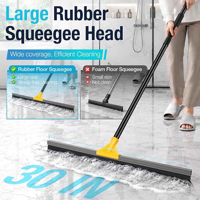 SOBONNE 30" Large Floor Squeegee Broom for Concrete Water Removal | Heavy Duty Double Rubber Water Squeegee/57" Long Handle for Tile Deck Bathromm Pool Warehouse Outdoor/Yellow