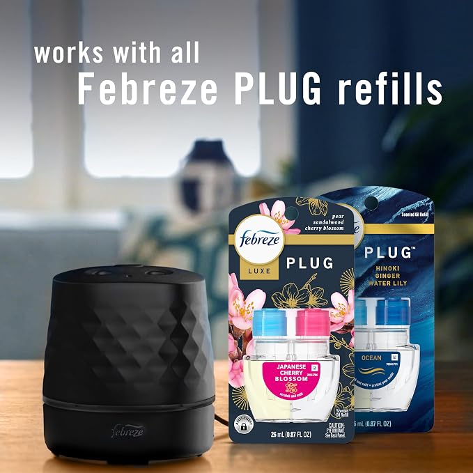 Febreze Plug Scent Booster Starter Kit, Black, Oil Diffuser, Air Freshener Plug in, Continuous Scent Device + 2 Hawaiian Aloha Refill