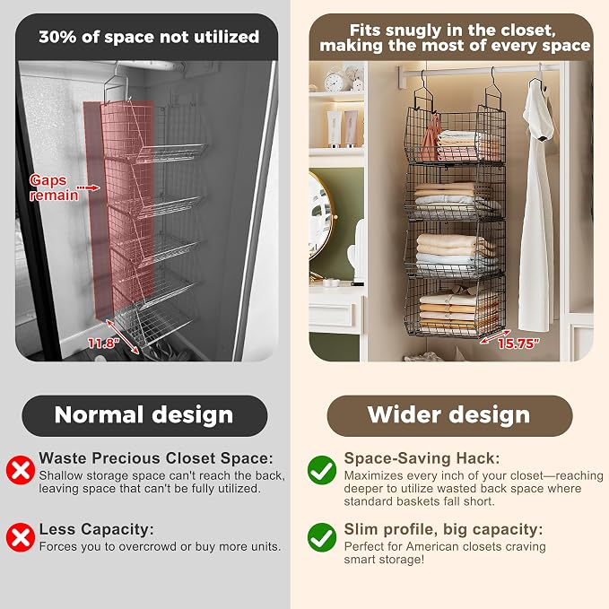 4" Extra Deeper Hanging Closet Organizers and Storage,4 Tier Foldable Wire Cabinet Shelves with 5 S Hooks,Small Metal Basket Bins for Clothes Sweaters Handbags, Wardrobe for Kitchen Laundry Room，Black