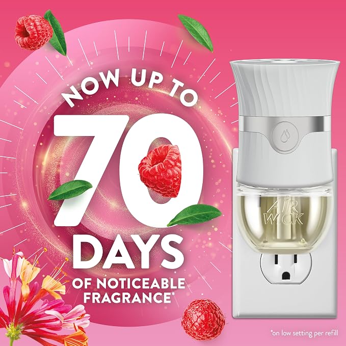 Air Wick Plug in Scented Oil Refills, 4 Count, Lush Honeysuckle and Raspberry, Air Freshener, Essential Oils, Eco Friendly