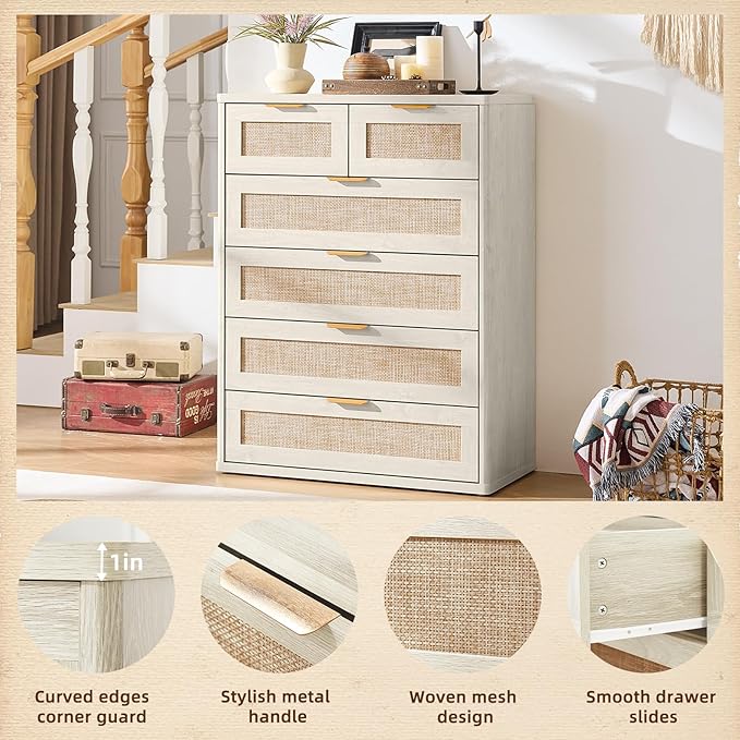 LEYAOYAO White Dresser for Bedroom, 42" Tall Chest of Drawers, Modern 6 Drawers Boho Rattan Dressers with Storage, Dresser Wooden Closet Organizer for Living Room, Hallway