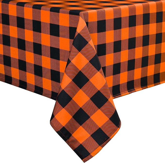 Waterproof Orange Plaid Tablecloth Fabric - Square 58x58 Inch Classic Gingham Checker Halloween Table Cloth for Indoor Use - Fall Tabletop Cover Perfect for Picnics, BBQs, and Parties