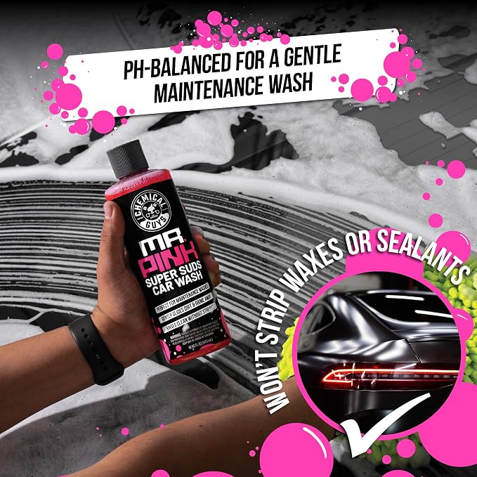 Chemical Guys, Mr. Pink Car Wash Soap 64 oz with Wash Mitt | High-foaming Mr. Pink car wash soap with a chenille microfiber wash mitt; slick, scratch-free washing for cars and trucks.