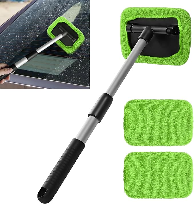 Windshield Cleaning Tool, Car Window Cleaner, Vehicle Window Cleaner with Extendable Handle & 2 Washable Microfiber Pads, Car Interior Glass Wiper Cleaning Kit for Most Vehicles (Green)