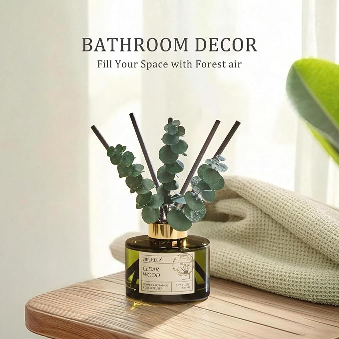 Reed Diffuser Set with 6.76 fl oz Cedar Wood Scent Essential Oils and 3 Leaves & 8 Diffuser Sticks,Bathroom Shelf Decor & Air Freshener, House Bedroom Office Decor & Gifts