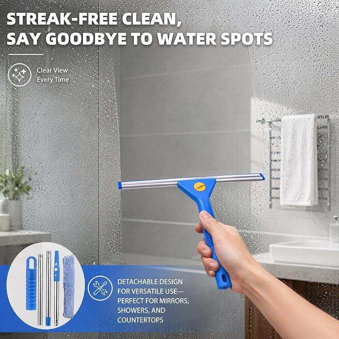 2-in-1 Window Cleaning Kit, Squeegee and Microfiber Cleaner with Adjustable 15.7–51.2 in Pole for Windows, Shower Glass, Mirrors and Car Windshields