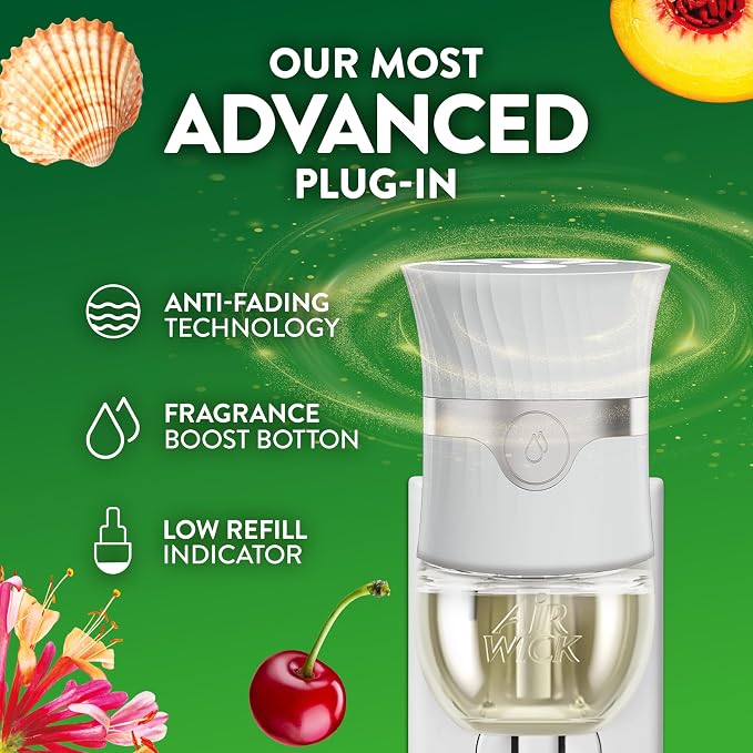 Air Wick Plug-In Scented Oil Refills, 4 Count Multipack, Lush Honeysuckle, Calming Sea Spray, Paradise Retreats, and Sweet Peach, Air Freshener, Essential Oils