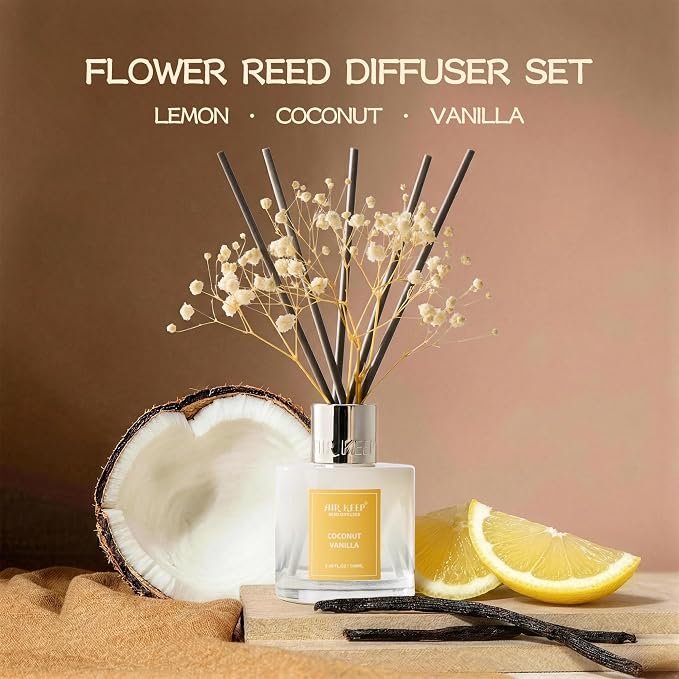 Reed Diffuser Set,3.38 fl oz (100 ml) - Coconut Vanilla Oil Diffusers with 8 Reed Sticks, Home Fragrance Reed Diffuser for Bathroom Shelf Decor